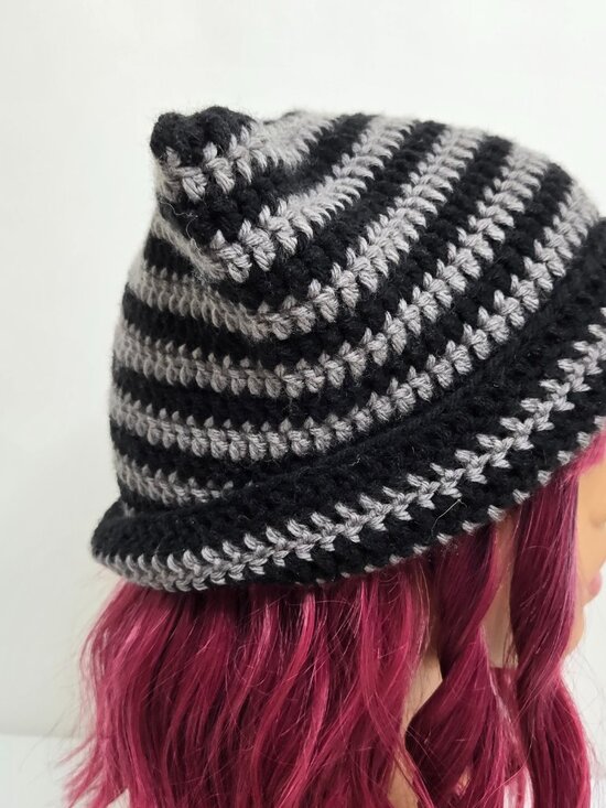 Handmade Crochet Cat Ear Beanie, Striped Acrylic Kitty Hat Black Gray main image 6